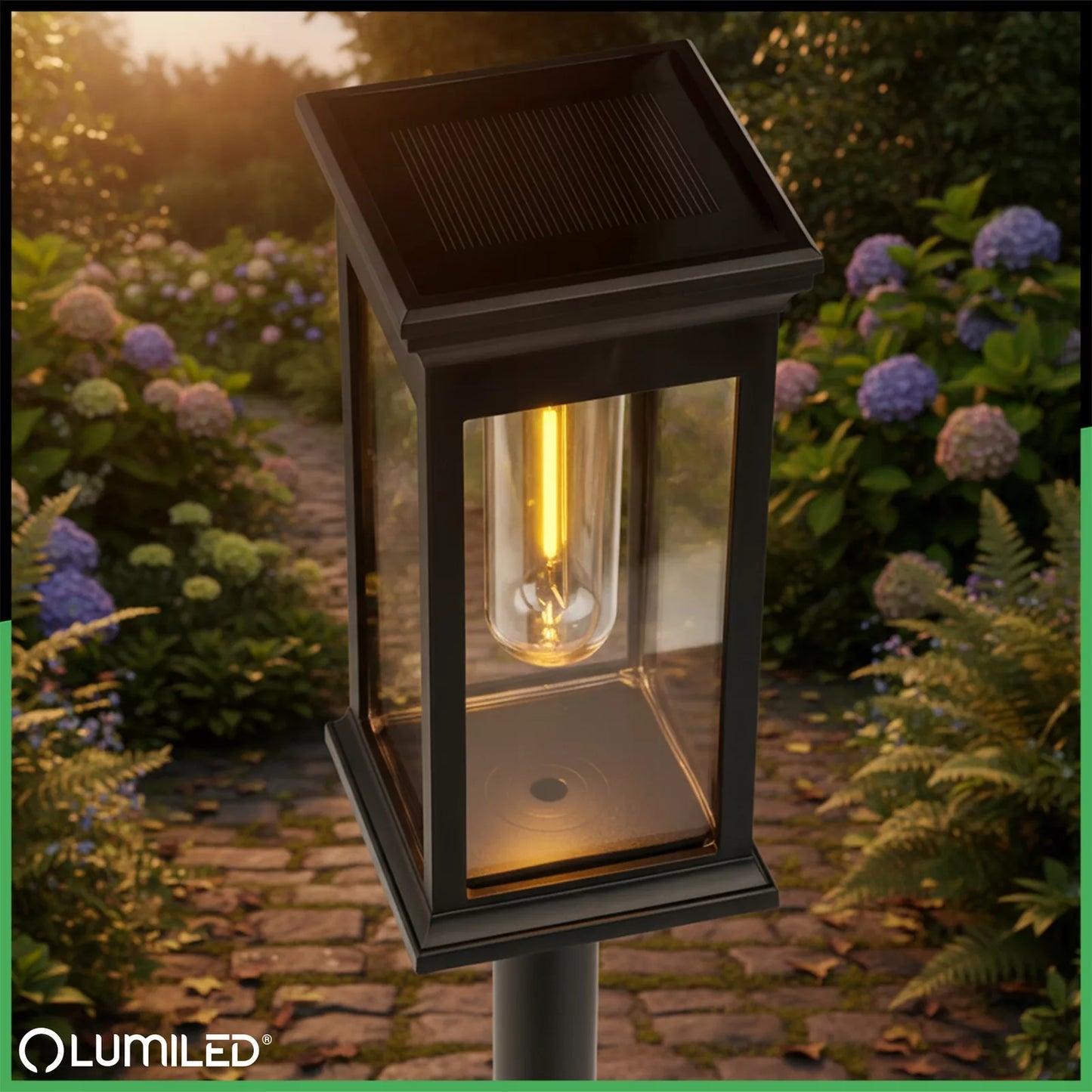 3 vnt. „Lumiled“ LED saulės energija varomi sodo šviestuvai, įsmeigiami į žemę, IP44, dekoratyviniai stulpeliai