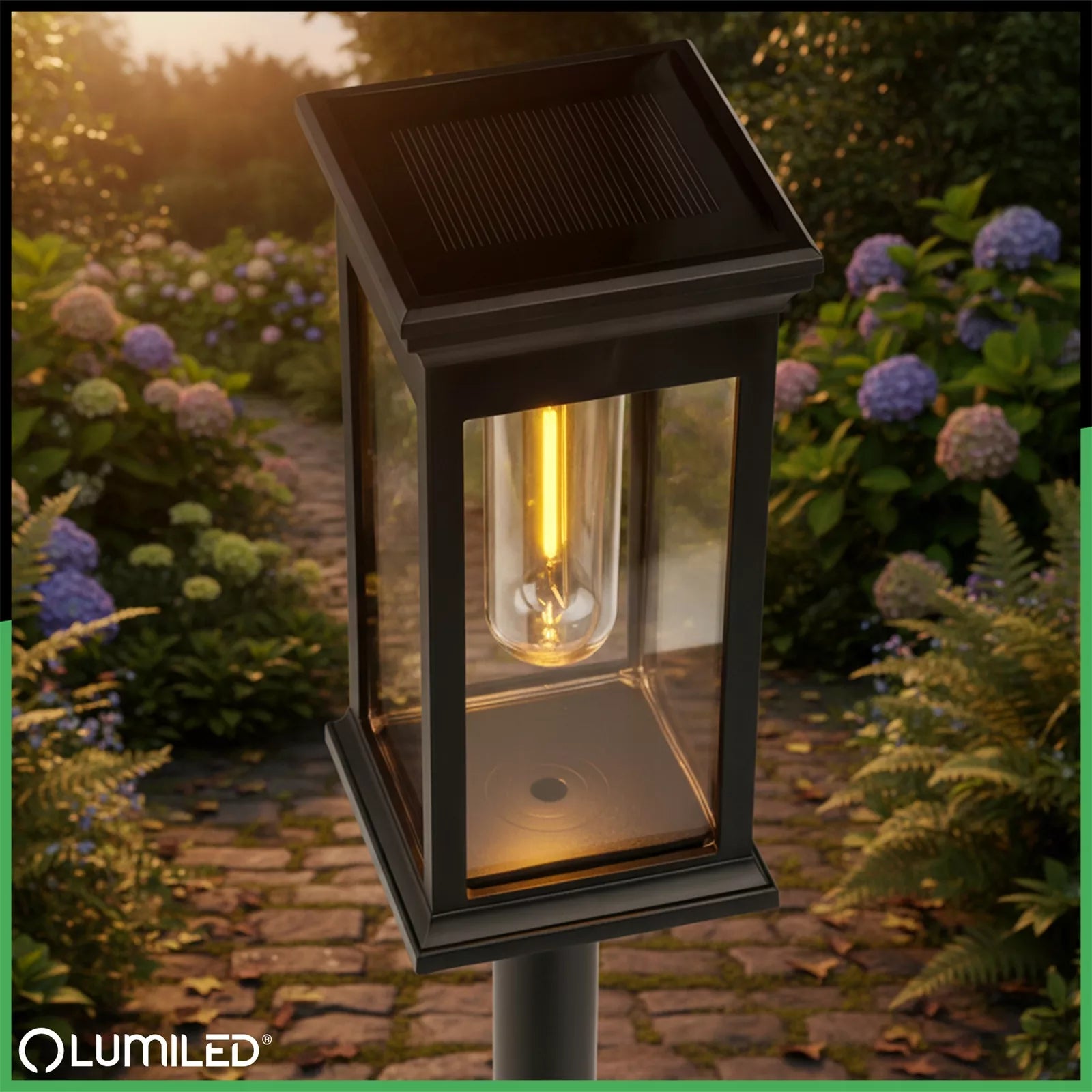 3 vnt. „Lumiled“ LED saulės energija varomi sodo šviestuvai, įsmeigiami į žemę, IP44, dekoratyviniai stulpeliai