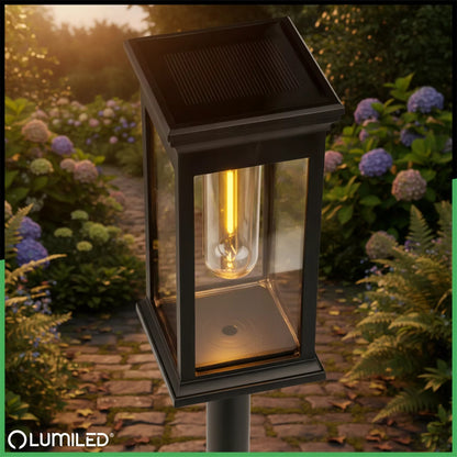 3 vnt. „Lumiled“ LED saulės energija varomi sodo šviestuvai, įsmeigiami į žemę, IP44, dekoratyviniai stulpeliai