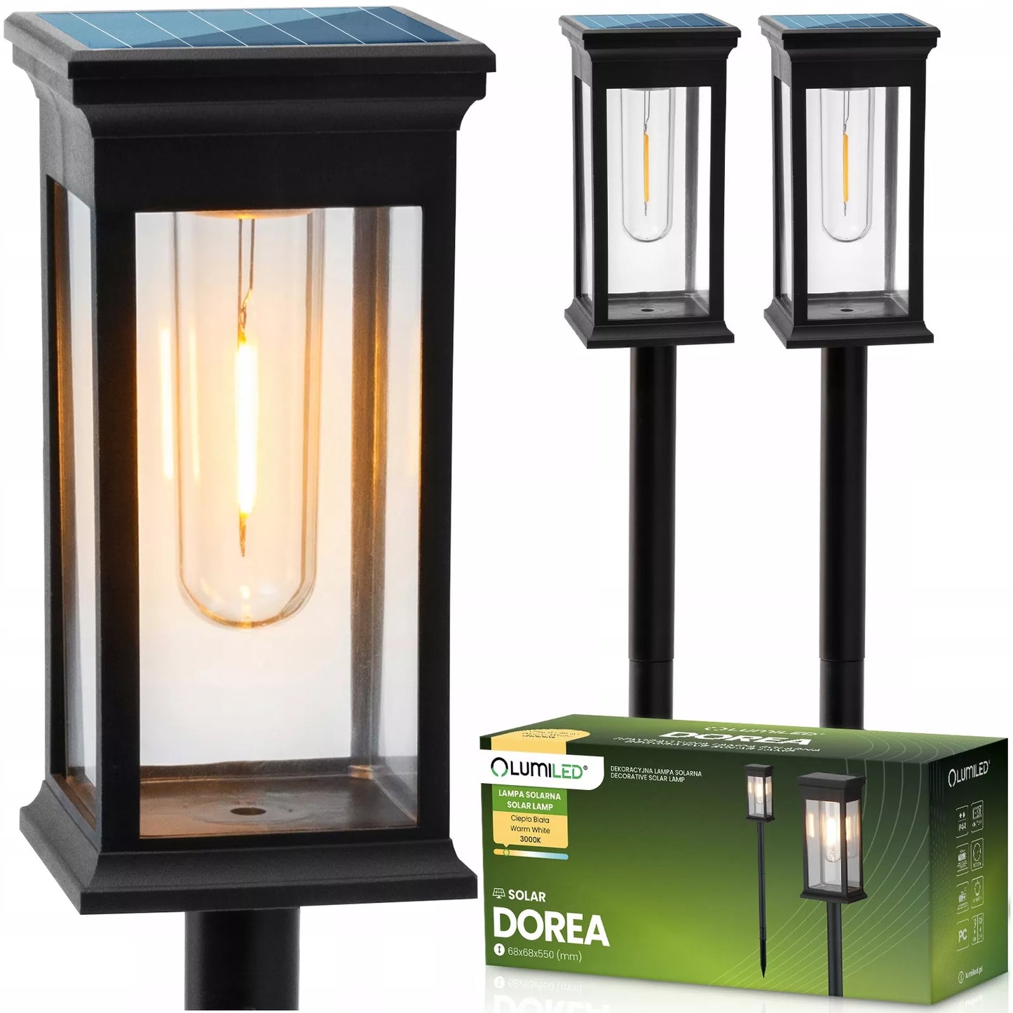 3 vnt. „Lumiled“ LED saulės energija varomi sodo šviestuvai, įsmeigiami į žemę, IP44, dekoratyviniai stulpeliai