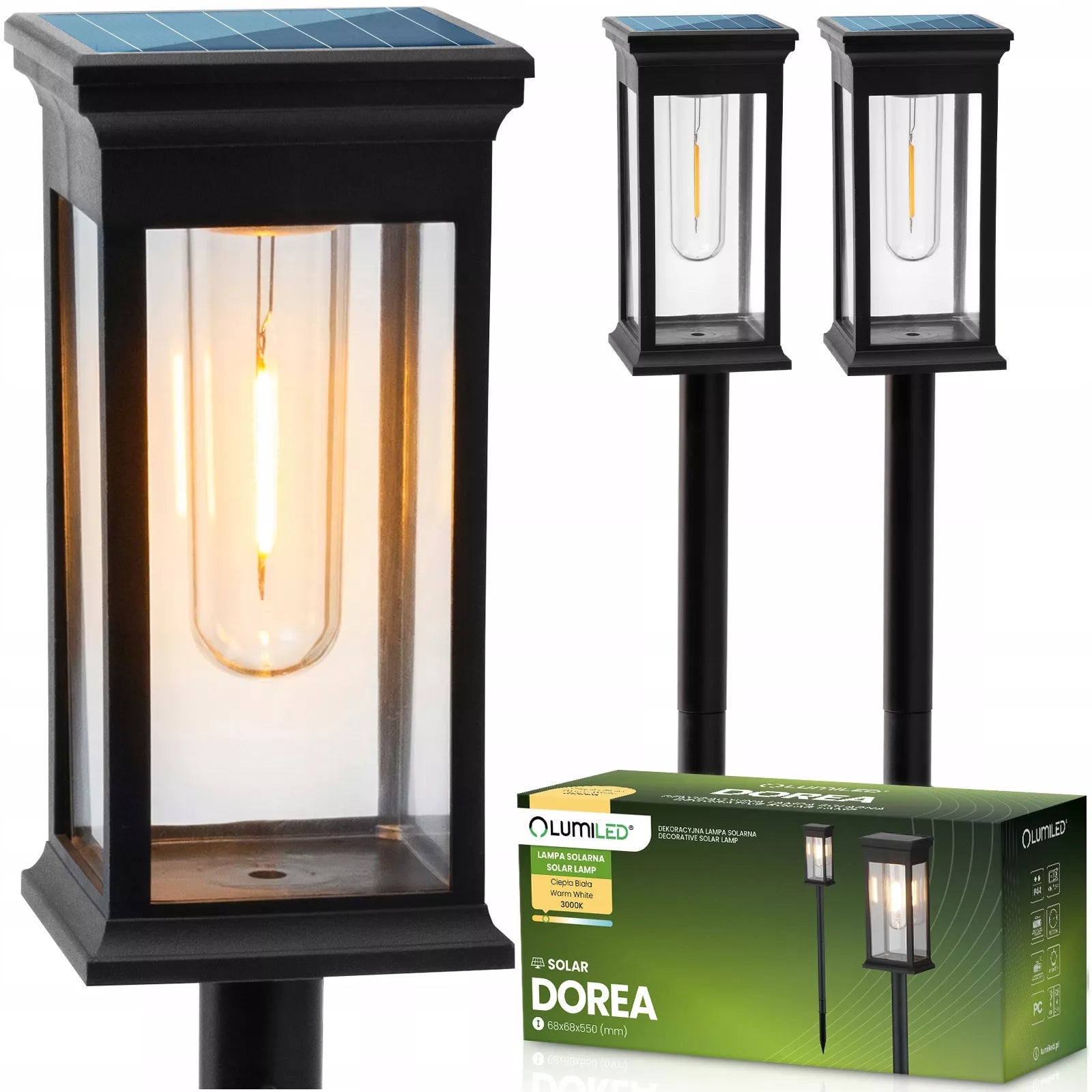 3 vnt. „Lumiled“ LED saulės energija varomi sodo šviestuvai, įsmeigiami į žemę, IP44, dekoratyviniai stulpeliai