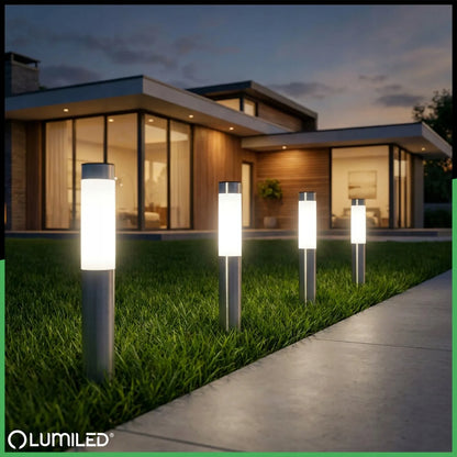 3 vnt. „Lumiled“ saulės energija maitinami LED sodo šviestuvai, skirti įsmeigti į žemę, dekoratyvinis sodo stulpas