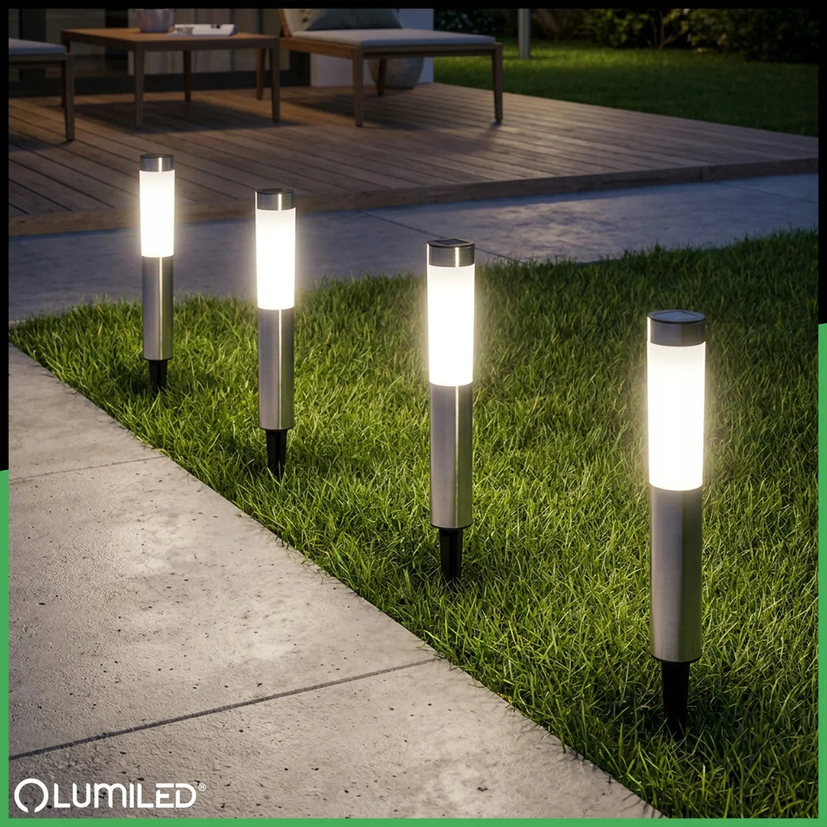3 vnt. „Lumiled“ saulės energija maitinami LED sodo šviestuvai, skirti įsmeigti į žemę, dekoratyvinis sodo stulpas