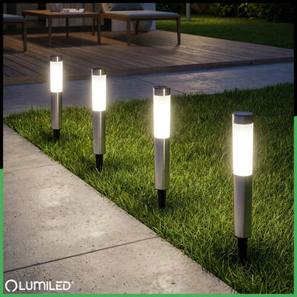 3 vnt. „Lumiled“ saulės energija maitinami LED sodo šviestuvai, skirti įsmeigti į žemę, dekoratyvinis sodo stulpas