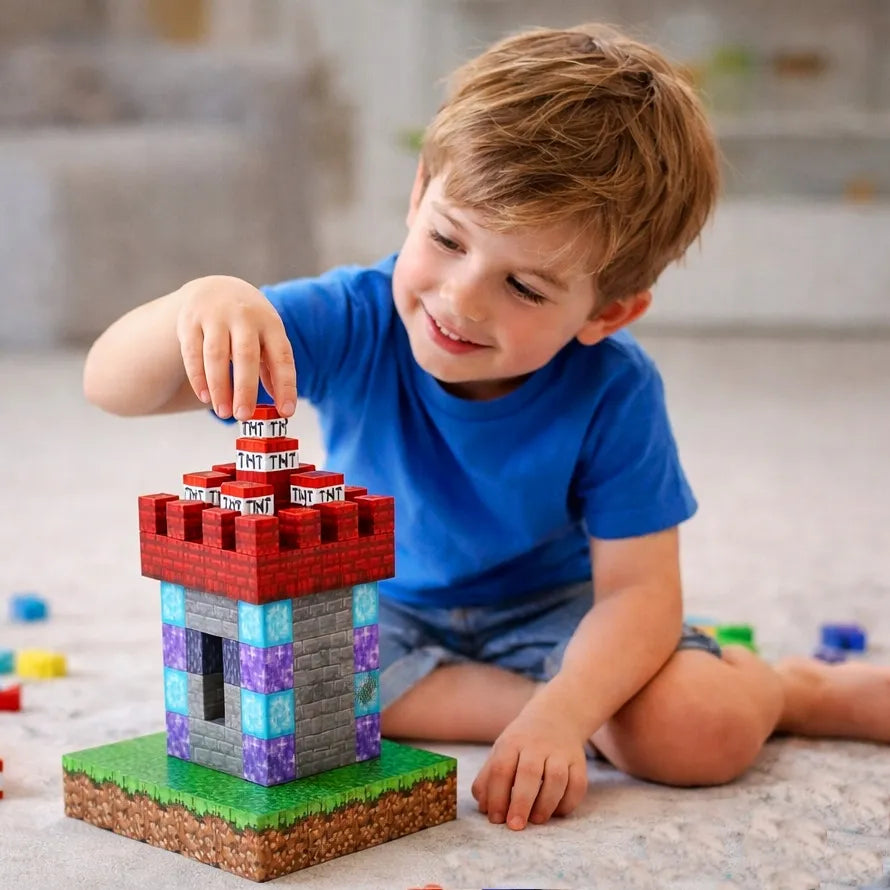 3D magnetinės kaladėlės, didelis rinkinys, 180 elementų, 2 figūrėlės ir dėžutė