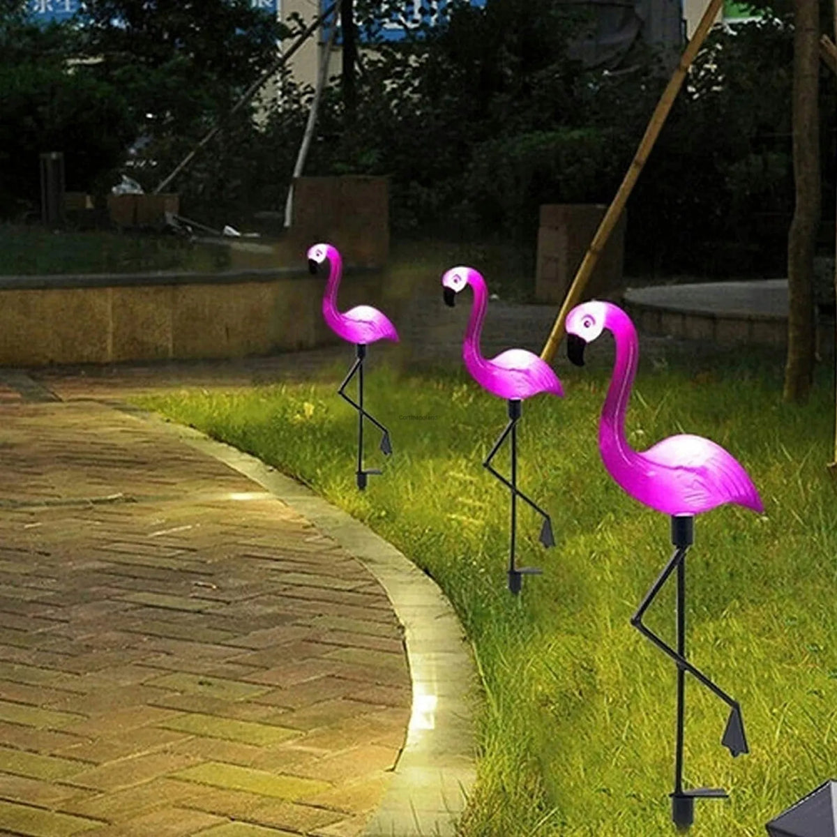 3x LED saulės sodo šviestuvai, įmeigiami į žemę, dekoratyviniai flamingai 54 cm