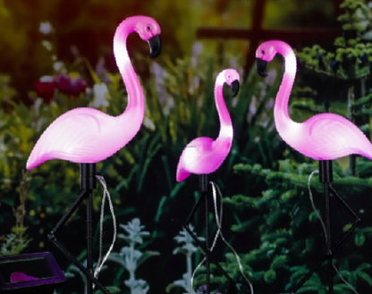 3x LED saulės sodo šviestuvai, įmeigiami į žemę, dekoratyviniai flamingai 54 cm