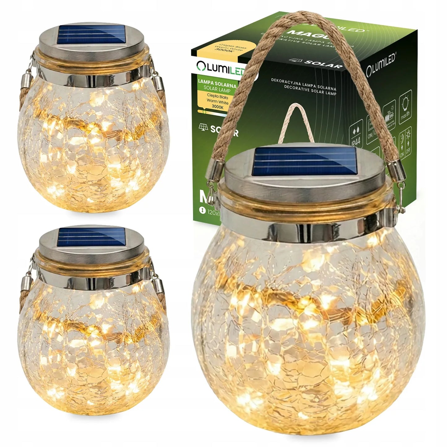 3x saulės sodo lempa, stiklinis rutulys, pakabinamas LED žibintas terasai
