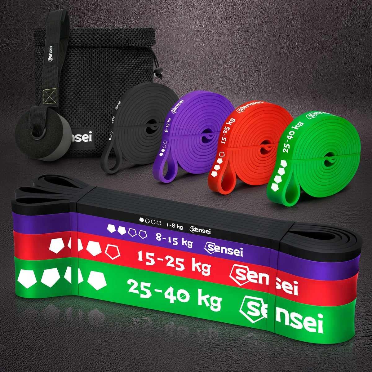 4 pasipriešinimo gumų (Power Band) rinkinys su laikikliu, treniruočių gumos, prisitraukimams