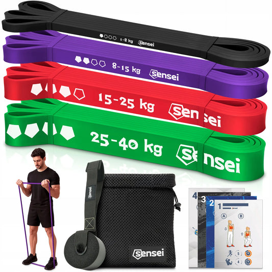 4 pasipriešinimo gumų (Power Band) rinkinys su laikikliu, treniruočių gumos, prisitraukimams