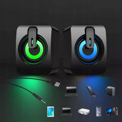 USB 2.0 KOMPIUTERINĖS GARSIAKALBĖS PC NEŠIOJAMAM KOMPIUTERIUI TELEVIZORIUI RGB LED AUX 2x