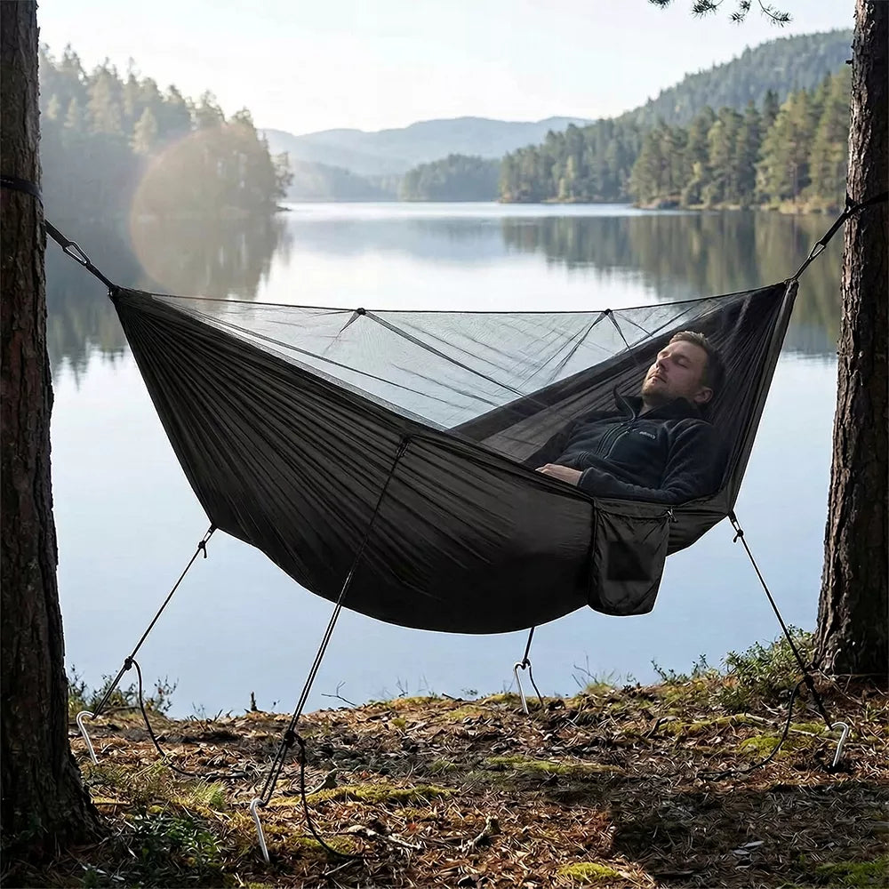 Sodo hamakas dvivietis turistinis su tinkleliu nuo vabzdžių, 300KG talpa, komplektas