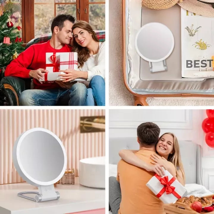 Didysis dvipusis 1X+10X LED apšviestas kosmetinis veidrodis makiažui AKU