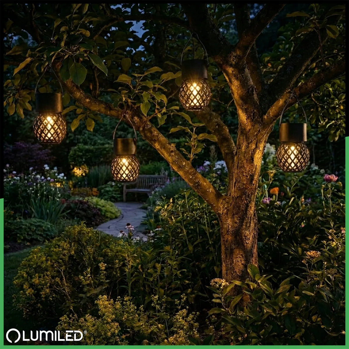 4x Lumiled LED saulės energija maitinami sodo žibintai, rutulio formos, kabinami