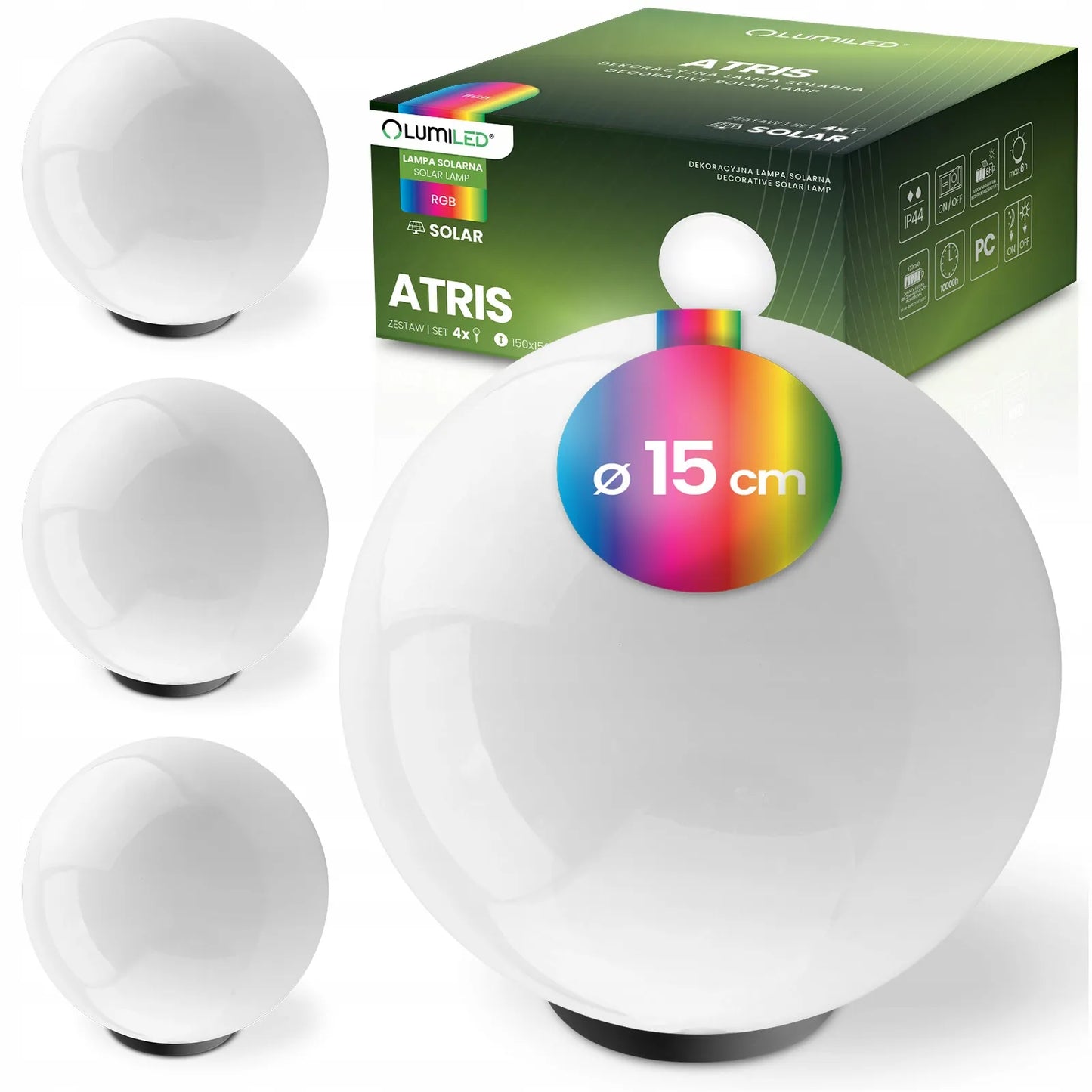 4x saulės energija maitinami LED sodo šviestuvai, įsmeigiami į žemę, balti rutuliai, 15 cm, RGB spalvoti