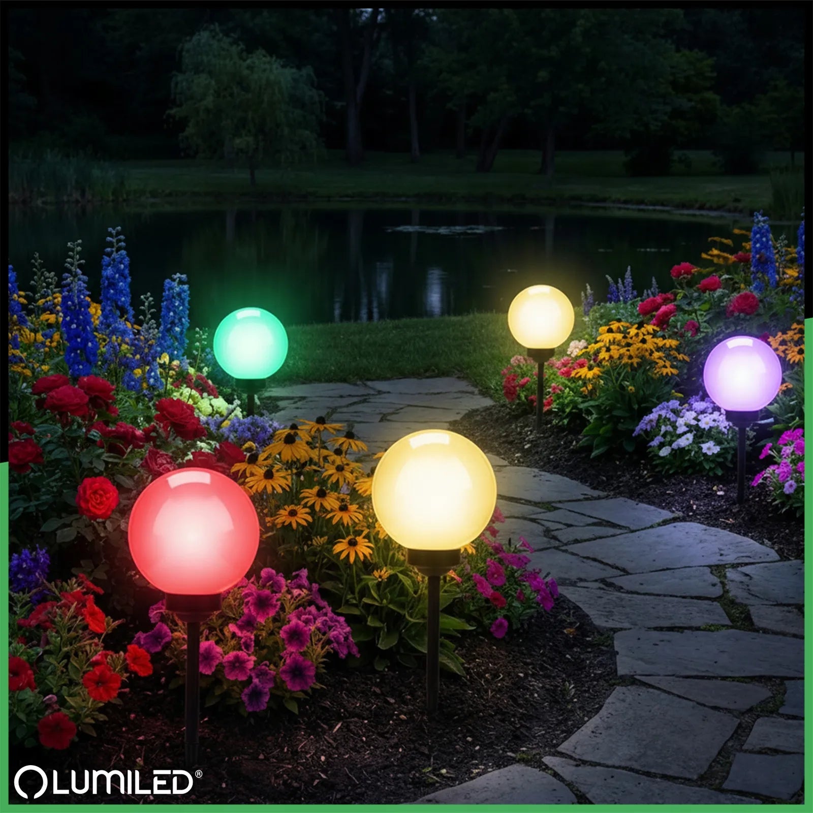 4x saulės energija maitinami LED sodo šviestuvai, įsmeigiami į žemę, balti rutuliai, 15 cm, RGB spalvoti