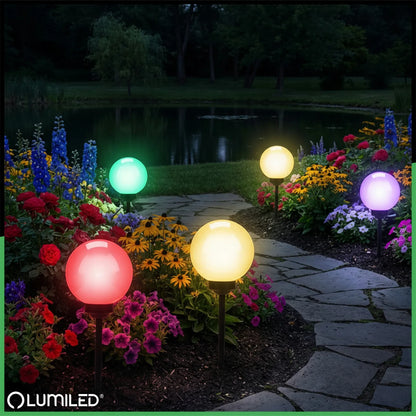 4x saulės energija maitinami LED sodo šviestuvai, įsmeigiami į žemę, balti rutuliai, 15 cm, RGB spalvoti