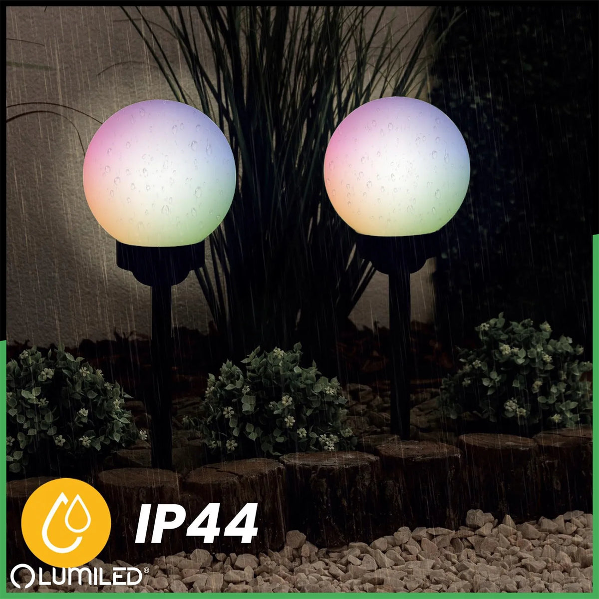 4x saulės energija maitinami LED sodo šviestuvai, įsmeigiami į žemę, balti rutuliai, 15 cm, RGB spalvoti