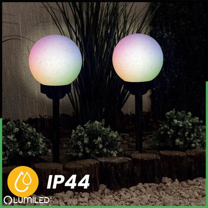 4x saulės energija maitinami LED sodo šviestuvai, įsmeigiami į žemę, balti rutuliai, 15 cm, RGB spalvoti