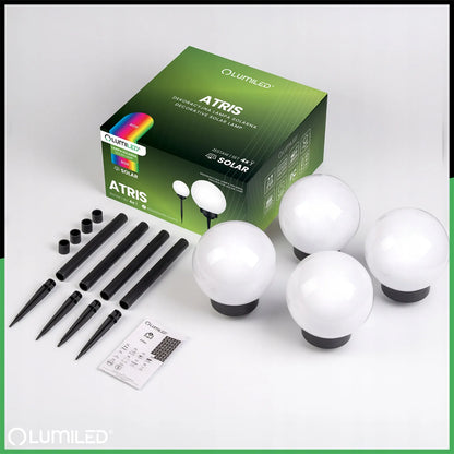 4x saulės energija maitinami LED sodo šviestuvai, įsmeigiami į žemę, balti rutuliai, 15 cm, RGB spalvoti