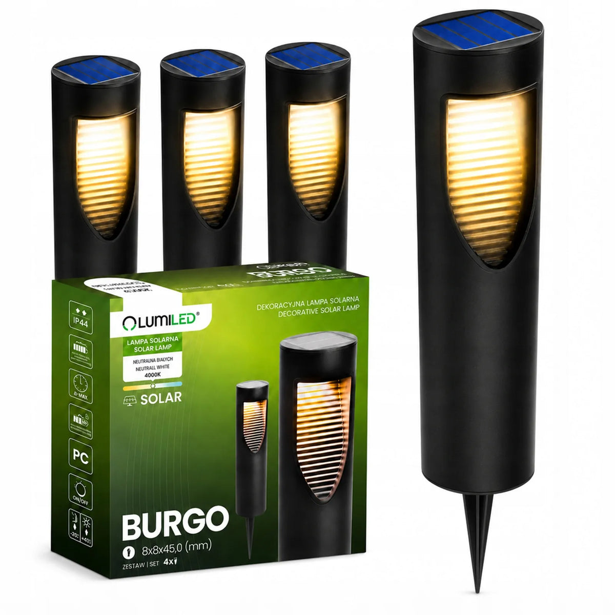 4x saulės energija maitinami LED sodo šviestuvai, įsmeigiami į žemę su prieblandos jutikliu
