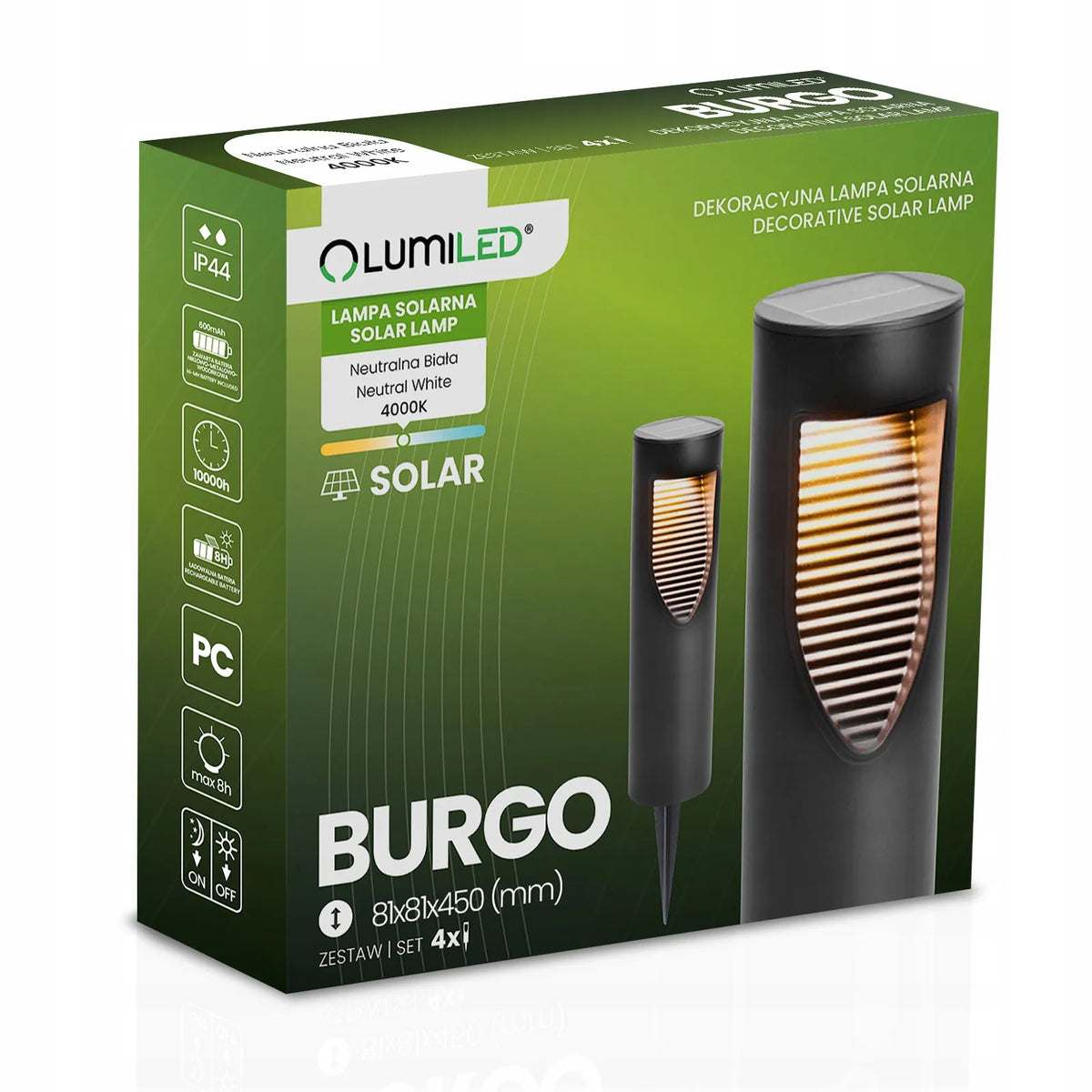 4x saulės energija maitinami LED sodo šviestuvai, įsmeigiami į žemę su prieblandos jutikliu