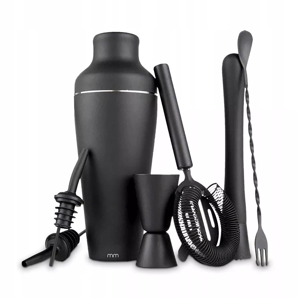 Barmeno įranga kokteiliams – juodas shakeris 700 ml, 9 dalių rinkinys