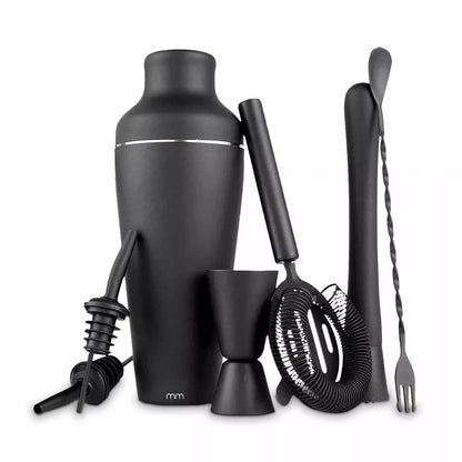 Barmeno įranga kokteiliams – juodas shakeris 700 ml, 9 dalių rinkinys