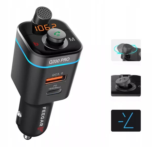Feegar Q200 PRO transmiter FM Bluetooth z szybką ładowarką QC 4.0 42W Audio