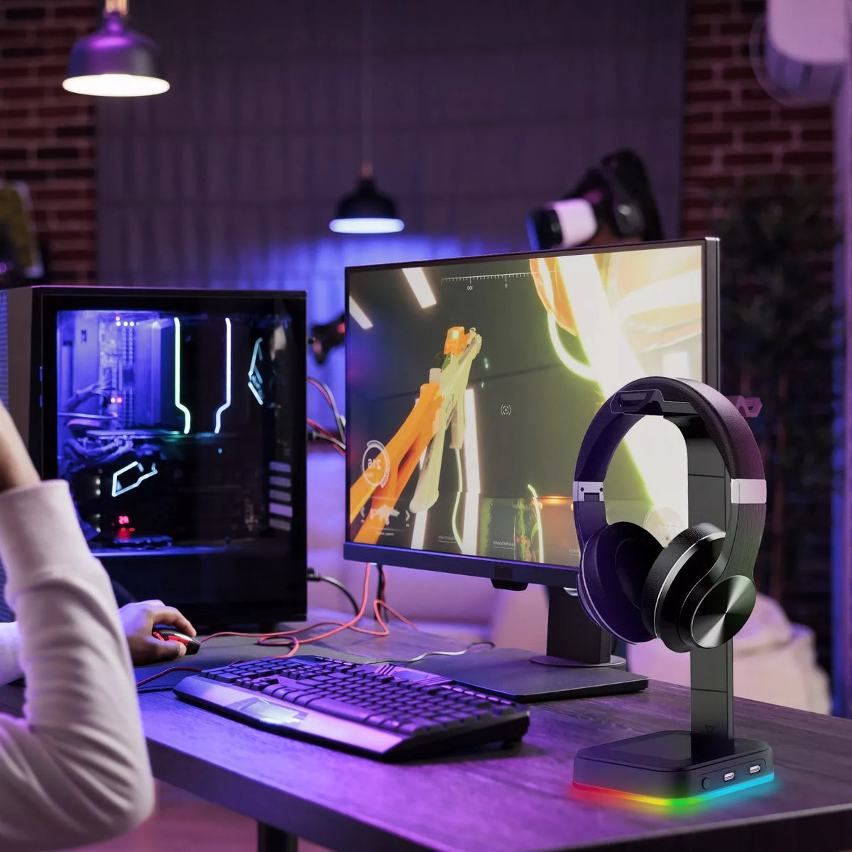 Žaidimų ausinių stovas / laikiklis su RGB apšvietimu, USB Hub + 2x USB