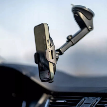 Tvirtas automobilinis laikiklis telefonui ant priekinio stiklo, prietaisų skydelio, salono