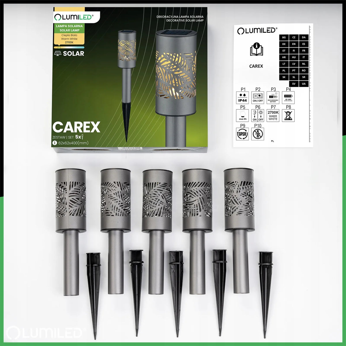 5x LED saulės energijos sodo šviestuvai, įsmeigiami dekoratyviniai stulpeliai su jutikliu, pilki