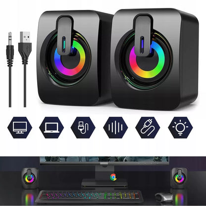 USB 2.0 KOMPIUTERINĖS GARSIAKALBĖS PC NEŠIOJAMAM KOMPIUTERIUI TELEVIZORIUI RGB LED AUX 2x