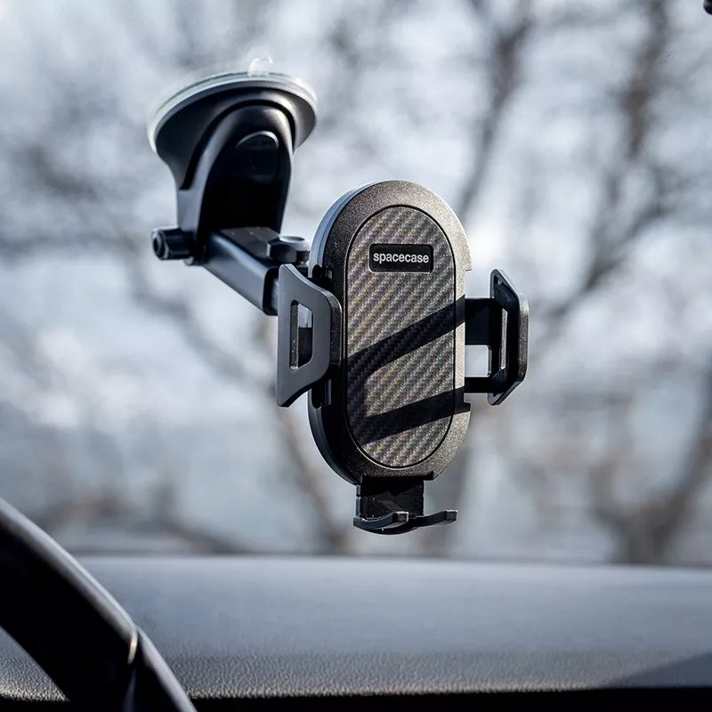Tvirtas automobilinis laikiklis telefonui ant priekinio stiklo, prietaisų skydelio, salono
