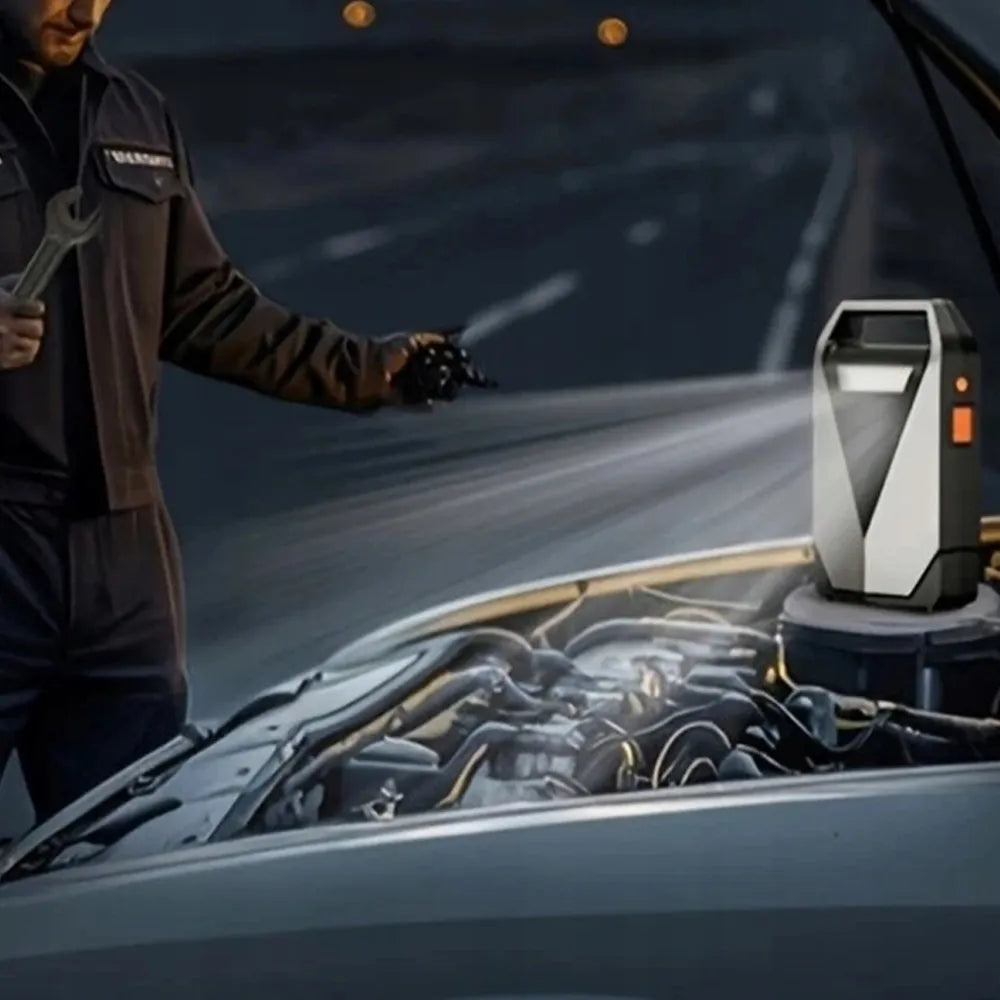 99800mAh automobilinis užvedimo įrenginys – „Powerbank“, oro kompresorius ir avarinis starteris