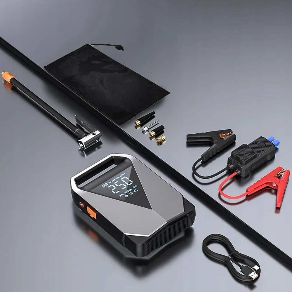 99800mAh automobilinis užvedimo įrenginys – „Powerbank“, oro kompresorius ir avarinis starteris