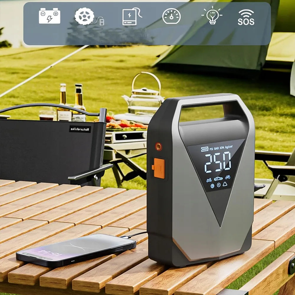 99800mAh automobilinis užvedimo įrenginys – „Powerbank“, oro kompresorius ir avarinis starteris