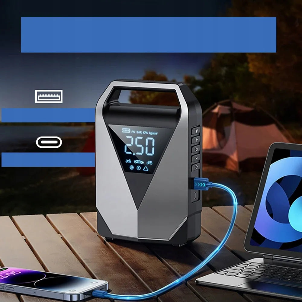 99800mAh automobilinis užvedimo įrenginys – „Powerbank“, oro kompresorius ir avarinis starteris