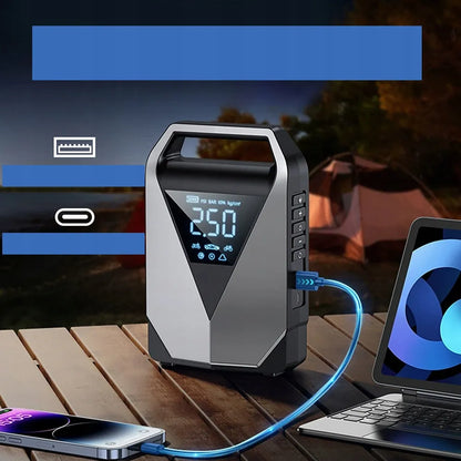 99800mAh automobilinis užvedimo įrenginys – „Powerbank“, oro kompresorius ir avarinis starteris