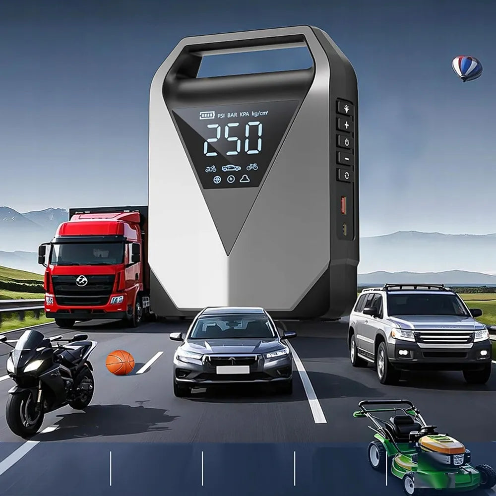 99800mAh automobilinis užvedimo įrenginys – „Powerbank“, oro kompresorius ir avarinis starteris