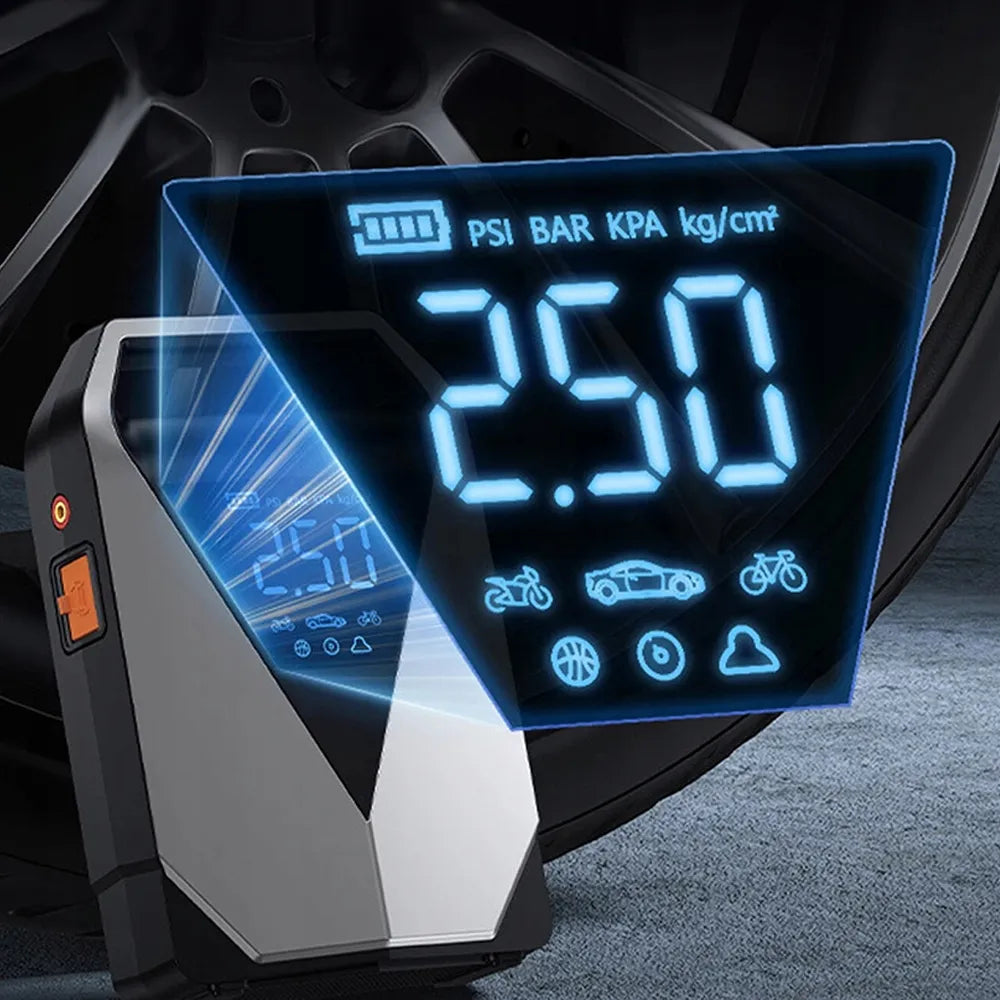 99800mAh automobilinis užvedimo įrenginys – „Powerbank“, oro kompresorius ir avarinis starteris