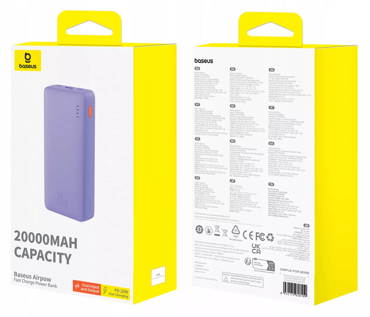 Powerbank su greitu įkrovimu 20000mAh 20W USB-C USB-A su kabeliu