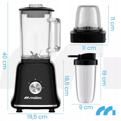 Stiklinis maišytuvas kokteiliams ir glotnučiams, malūnėlis, 2 buteliukai, didelis 1600 ml