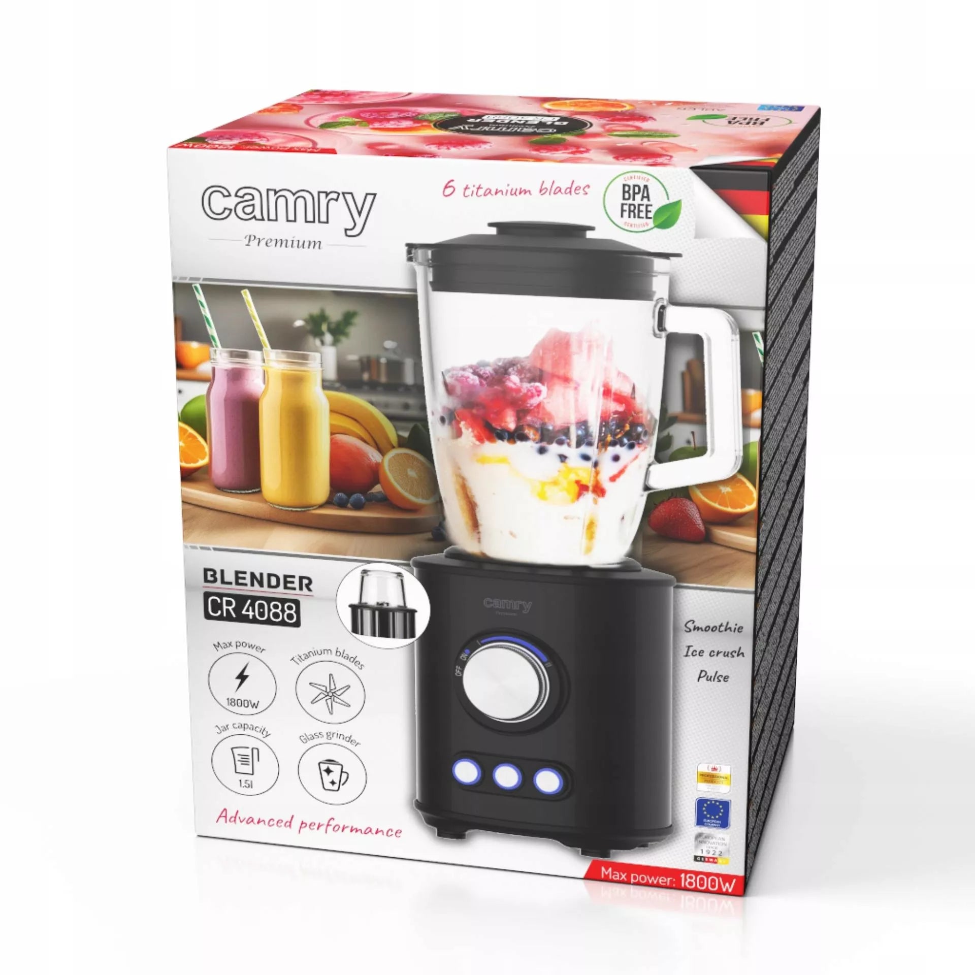 Stiklinis trintuvas–blenderis 1,5 l 1800 W, 3 programos, „Smoothie“, ledo smulkinimas