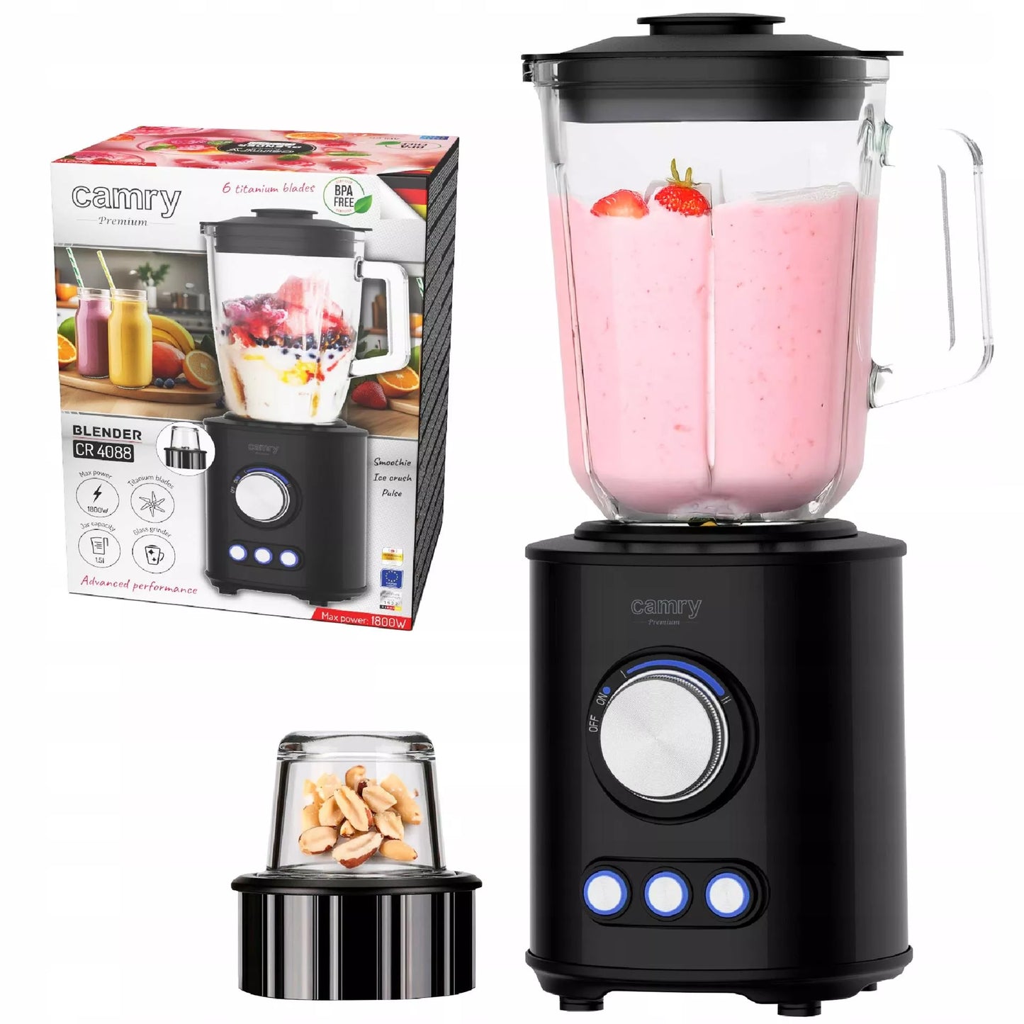 Stiklinis trintuvas–blenderis 1,5 l 1800 W, 3 programos, „Smoothie“, ledo smulkinimas