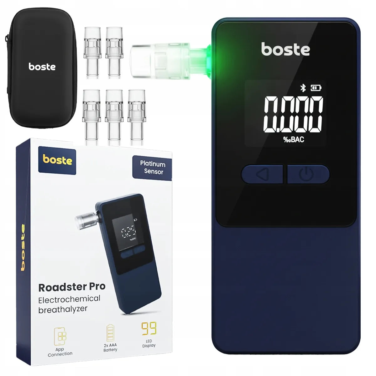 Boste Roadster Pro elektrocheminis alkotesteris su priedais ir išmaniąja programėle