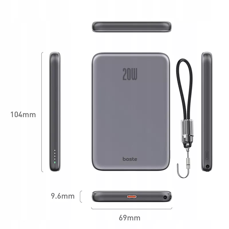 Boste išorinė baterija (power bank) su MagSafe belaidžiu krovimu ir 20W PD USB-C laidu