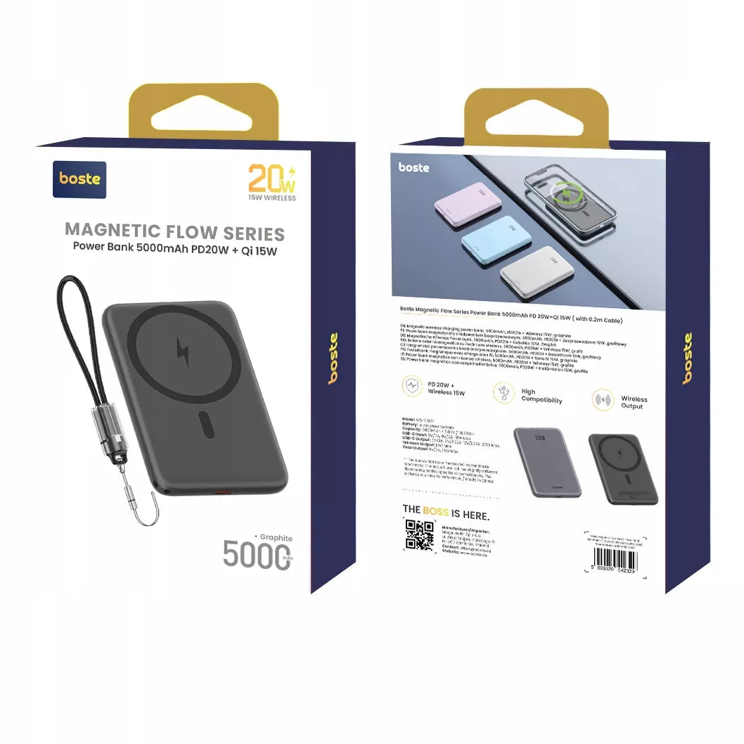 Boste išorinė baterija (power bank) su MagSafe belaidžiu krovimu ir 20W PD USB-C laidu