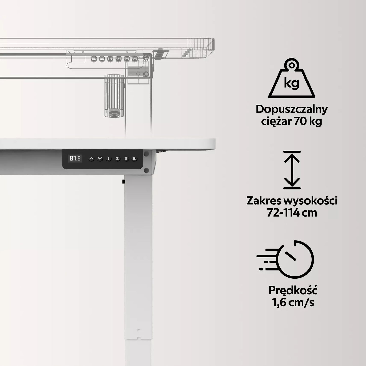 Elektrinis reguliuojamas stalas Control 120×60 cm – baltas, aukštis 72–114 cm