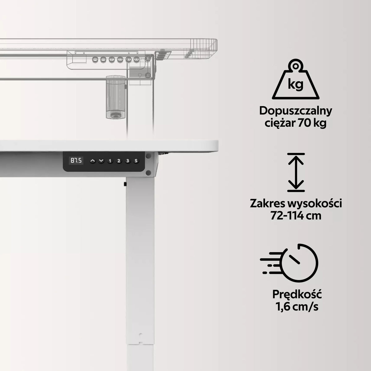 Elektrinis reguliuojamas stalas Control 120×60 cm – baltas, aukštis 72–114 cm